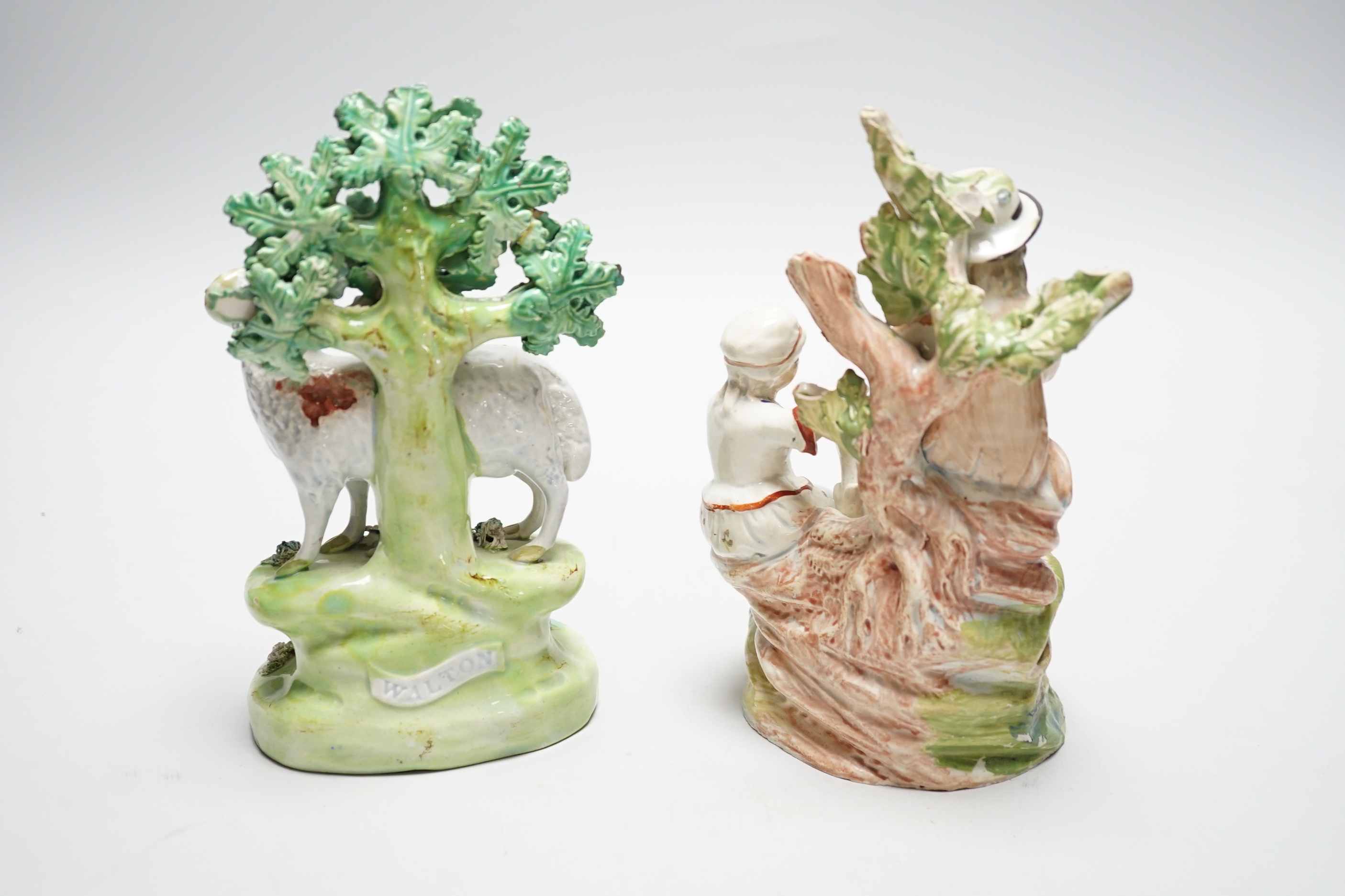 A Walton pearlware figure of a ram, c.1820 and an Enoch Wood type figure group, c. 1800, tallest 19cm
